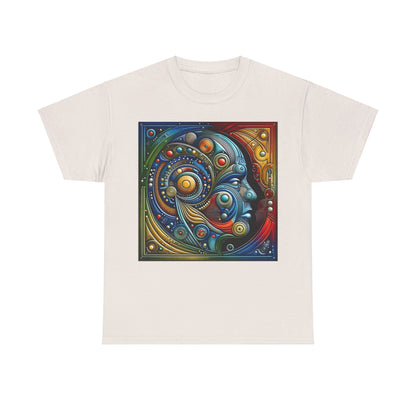 Stained Glass Dreams Unisex T-Shirt featuring a vibrant, intricate graphic design of a human face with abstract geometric patterns in rich colours, embodying a luxurious Art Deco inspiration.