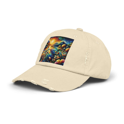 Elegant Unisex Distressed Paddleboarders Cap in a soft tone, adorned with a striking paddleboarding artwork, perfect for luxury outdoor styling.