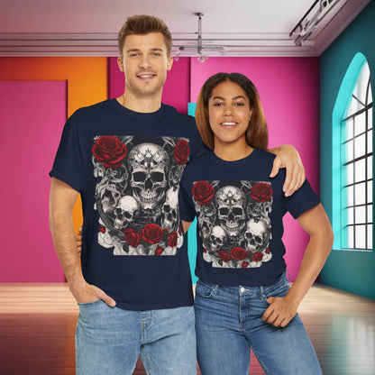 Trendy couple sporting the navy Skulls and Roses Cotton Tee, featuring a striking skull and rose graphic, perfect for edgy casual wear.