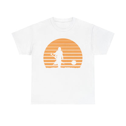 Mandalorian Sunset Graphic Unisex T-Shirt in Premium Soft Cotton - An elegant white graphic tee showcasing the Mandalorian silhouette with a warm sunset backdrop, ideal for fans of exquisite Star Wars artistry.