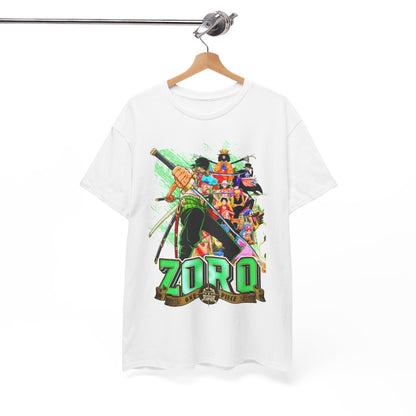 Elegant hanging display of a premium Zoro One Piece T-shirt on a wooden hanger, highlighting the dynamic anime graphics and bold colour scheme.