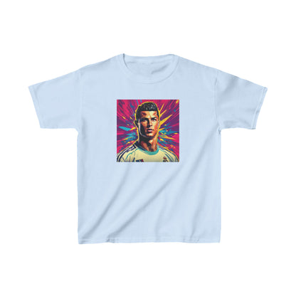 Stylish Kids Cristiano Ronaldo Heavy Cotton T-Shirt in light blue featuring a stunning representation of Cristiano Ronaldo, perfect for aspiring young football fans.