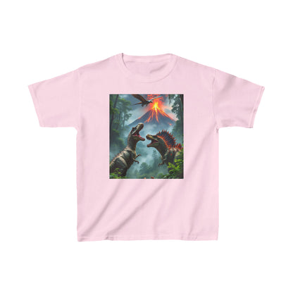 Kids Dinosaur Heavy Cotton Tee in pastel pink showcasing a captivating dinosaur and volcano graphic, perfect for active children.