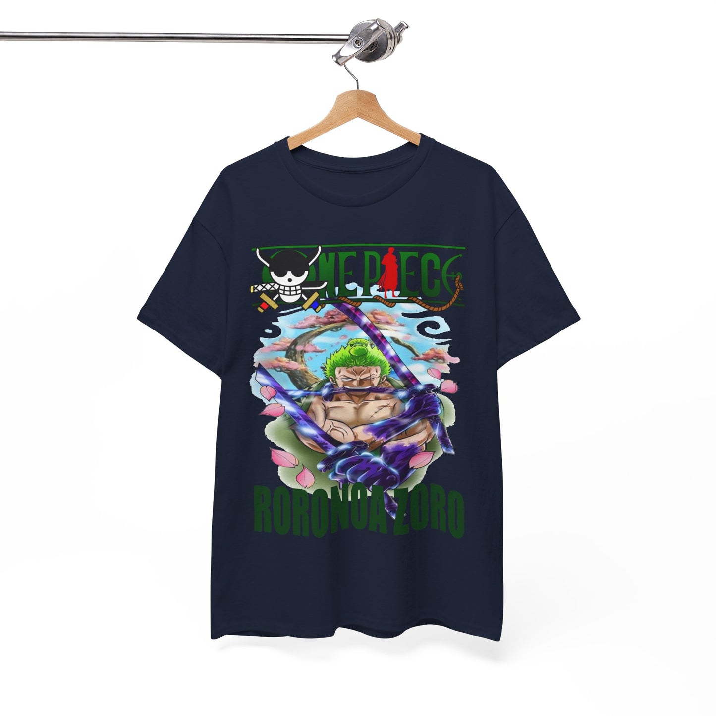 Luxurious navy Roronoa Zoro T-shirt displayed on a hanger, highlighting the intricate design and high-quality fabric, perfect for casual and trendy outfits.
