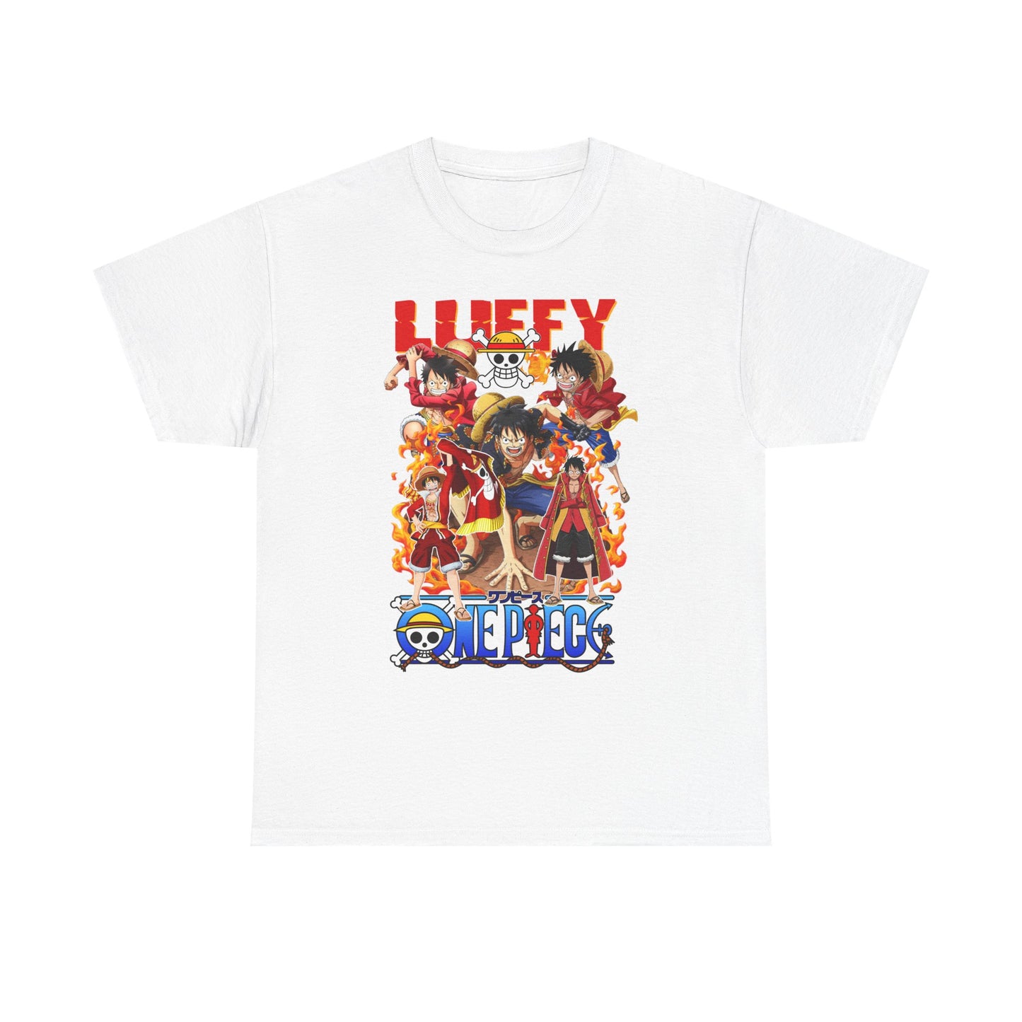 Sophisticated white men's t-shirt adorned with a striking colourful anime theme, highlighting beloved characters in dynamic poses, ideal for stylish anime fans.