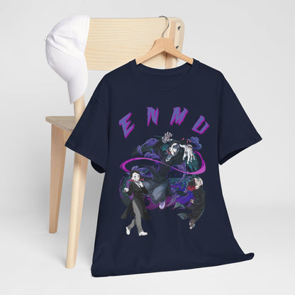 Luxurious Enmu-inspired graphic t-shirt, elegantly displayed on a wooden hanger, with a stylish white cap resting on a chair in the background.