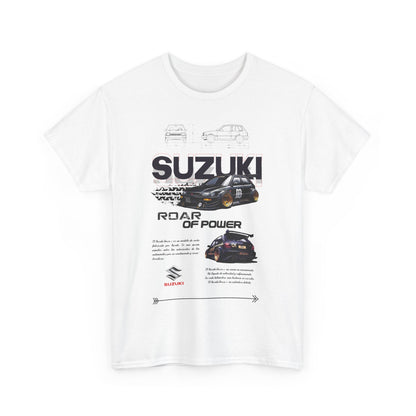 Fashionable white Suzuki Forza men's t-shirt displaying an elegant graphic design, highlighting the phrase 'ROAR OF POWER' alongside artistic illustrations of the Suzuki car.