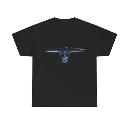 USS Enterprise Star Trek Graphic Unisex T-Shirt in classic black, featuring an exquisite print of the starship, merging comfort with a fan's elegant taste.