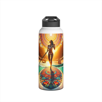 Fantasy Paddleboarding Stainless Steel Water Bottle featuring an artistic design of a paddleboarder against a vibrant sunset background, perfect for outdoor adventure enthusiasts.