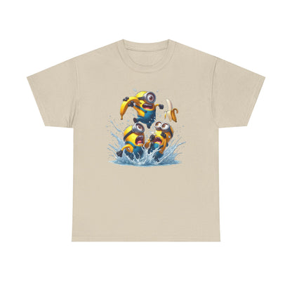 Mens Funny T-Shirt: Minions Banana Splash showcases cheerful Minions enjoying banana-fueled antics in water. This unique design is a great addition for fans of the Despicable Me series seeking a funny and enjoyable t-shirt.