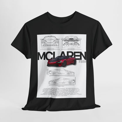 Stylish front view of a black McLaren 720S T-Shirt featuring detailed technical drawings and a striking car illustration.