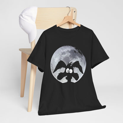 Elegant black graphic t-shirt featuring a whimsical silhouette of Wile E. Coyote against a moonlit background, showcasing a blend of sophistication and playful charm.