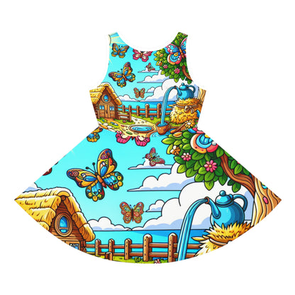 Sophia Peppermint Girls Rainbow Sundress showcasing playful cartoon butterflies and floral patterns, illustrated in a charming countryside scene.