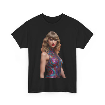 Stylish close-up of the black Swifties psychedelic Taylor Swift Heavy Cotton Tee, featuring a vibrant psychedelic design of Taylor Swift.