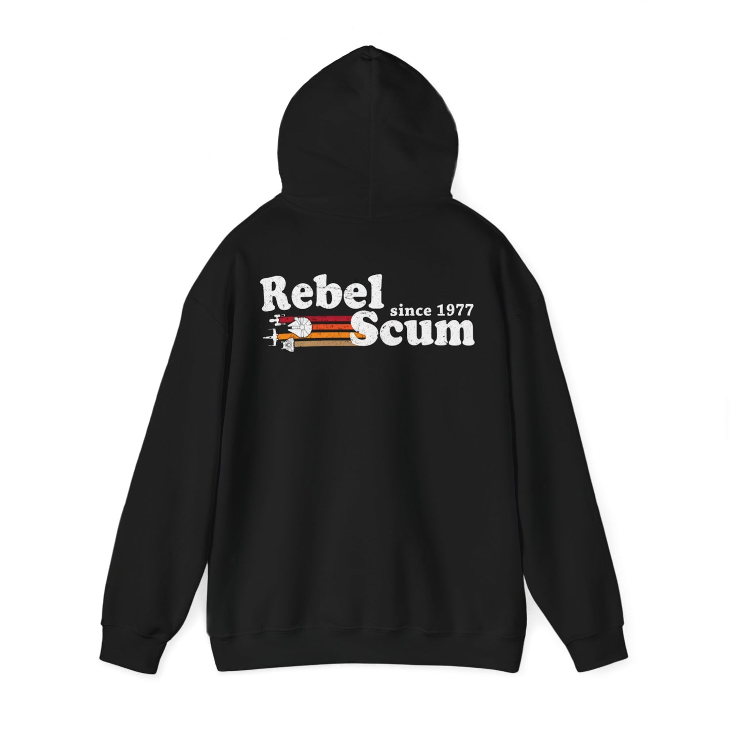 Elegant black hoodie with a striking 'Rebel Scum' design on the back, embodying retro charm and modern style.