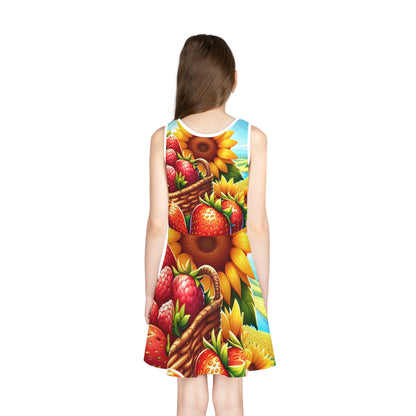 Captivating back view of the Sophie Rosendale Girls Summer Fruits Cartoon Pencil Skirt, displaying an enchanting pattern of strawberries and raspberries with sunflowers, epitomising luxury in children's fashion.
