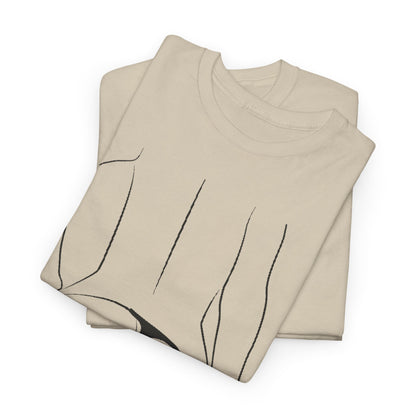 Folded unisex graphic tees showcasing a chic black line drawing of a woman's silhouette, designed for fashion-conscious individuals who appreciate playful elegance.