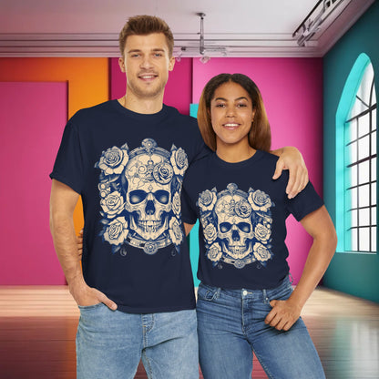 Stylish couple wearing Skulls and Roses Cotton Tee, showcasing a luxurious alternative fashion design with intricately detailed skulls and roses in a modern indoor setting.