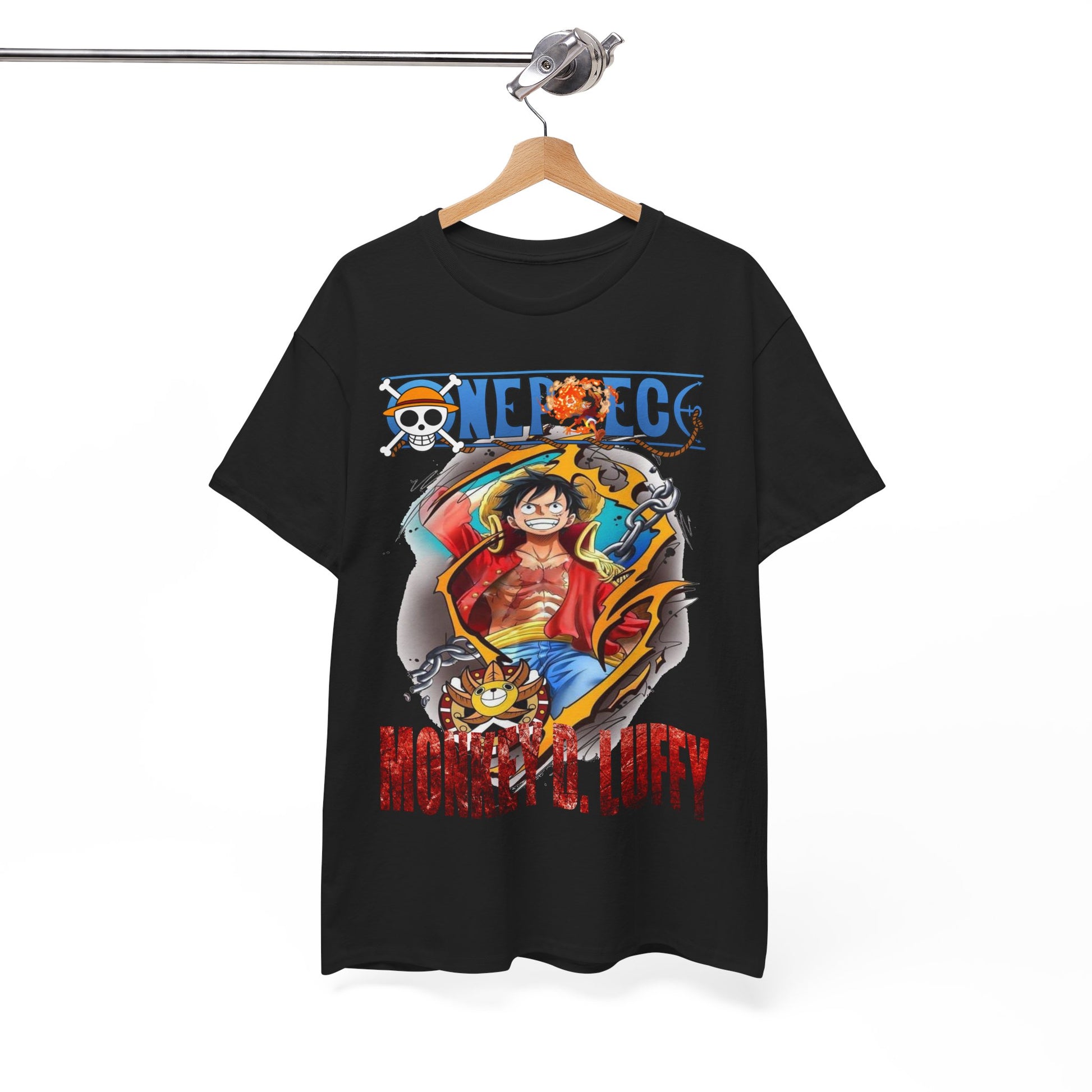 Monkey D. Luffy t-shirt elegantly displayed on a wooden hanger, featuring eye-catching graphics that celebrate the legendary One Piece character.