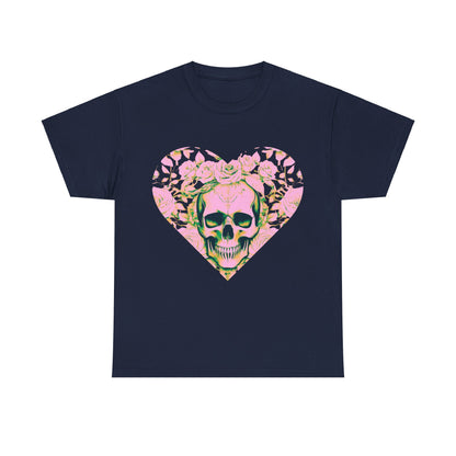 Navy variant of the Skulls and Roses Cotton Tee featuring a bold skull and rose graphic, ideal for making a fashionable statement.