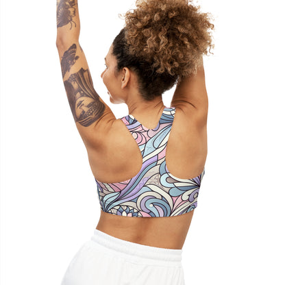 Chic Aria Bellefonte Sports Bra featuring a modern pastel pattern with pink, purple, and blue hues, designed for ultimate comfort and stretch in active wear.