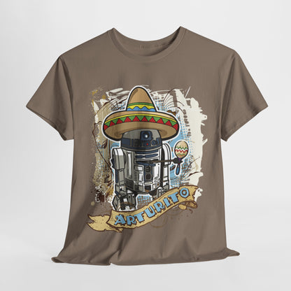 Luxurious Fiesta Mexican R2D2 unisex graphic T-shirt, featuring R2D2 adorned with a vibrant sombrero and maraca, perfect for style-savvy fans.