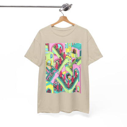 An elegantly displayed Squid Game graphic t-shirt hanging on a stylish display, highlighting its unique artistic design and luxurious fabric.