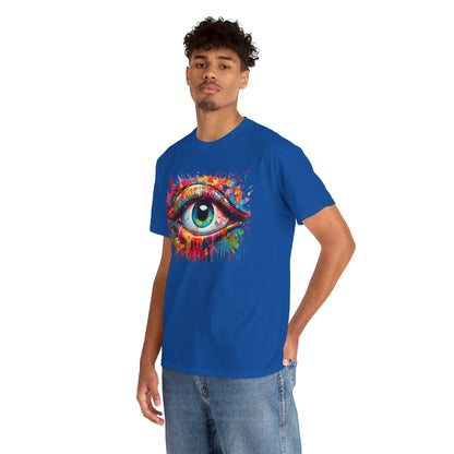 Luxurious Visionary Drip Graphic Tee in vibrant blue featuring a colourful artistic eye design, perfect for unisex wear and artistic expression.
