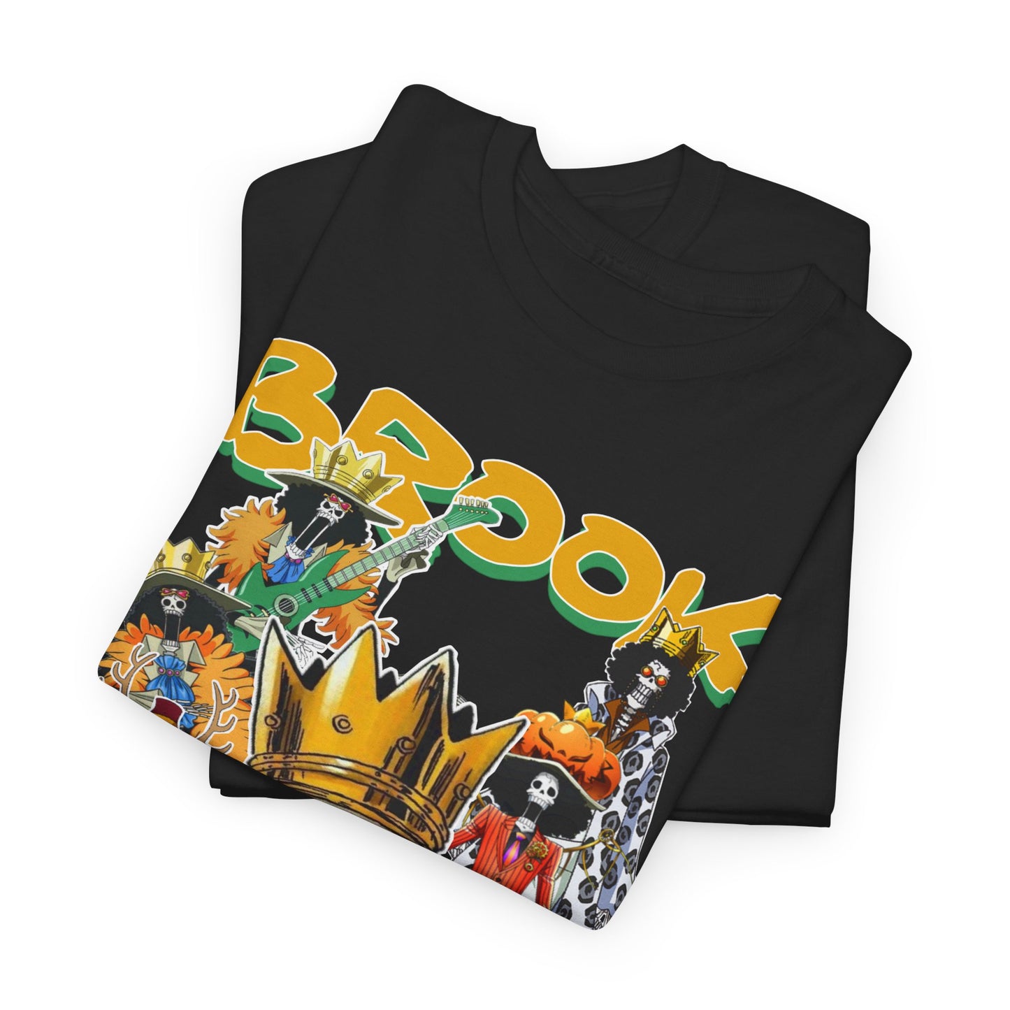 Stylish display of two folded black t-shirts showcasing a colourful Brook character design, perfect for collectors and fashion enthusiasts alike.