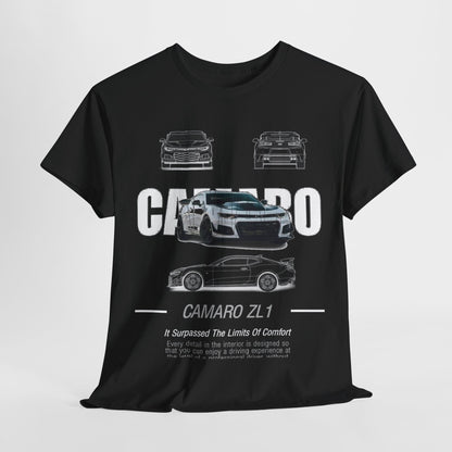 Premium black unisex Camaro ZL1 T-shirt featuring a striking graphic design of the iconic Chevrolet Camaro, showcasing its performance heritage and luxury appeal.