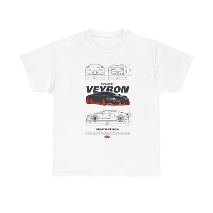 Luxury T-Shirt for Men featuring Bugatti Veyron Design: Technical Drawings & Specs. The shirt displays a detailed sketch of the Bugatti Veyron on a pristine white background.