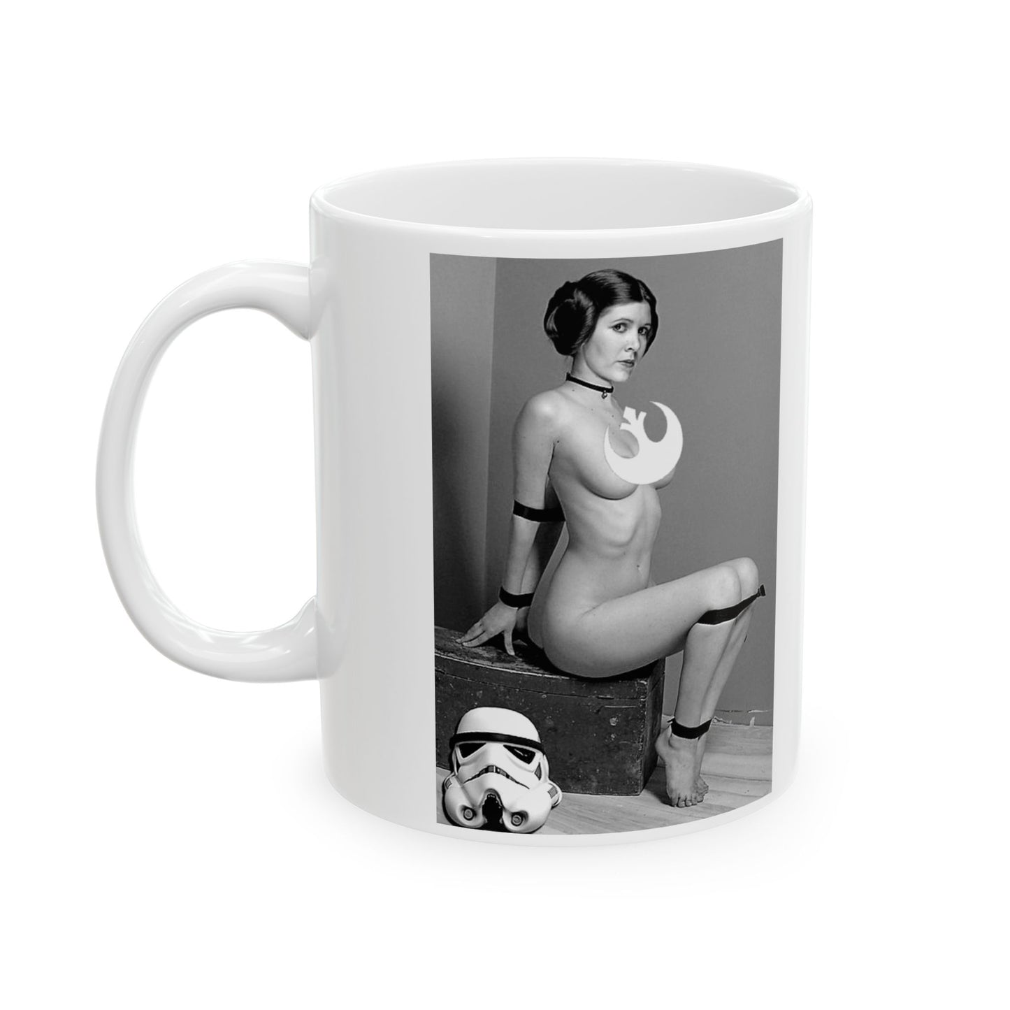 Artistic depiction on the Star Wars Princess Leia Funny Sexy Ceramic Mug capturing the rebellious spirit of Leia with a funny twist.