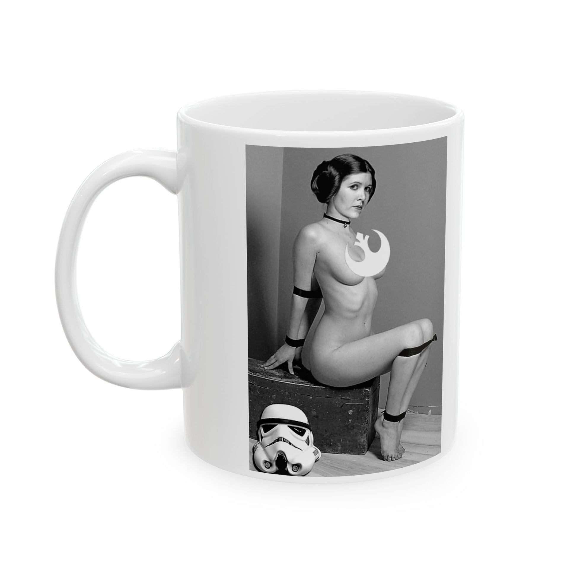 Artistic depiction on the Star Wars Princess Leia Funny Sexy Ceramic Mug capturing the rebellious spirit of Leia with a funny twist.