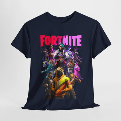 Luxurious Fortnite-themed T-shirt featuring a vivid graphic of iconic characters, perfect for fashion-forward gamers.
