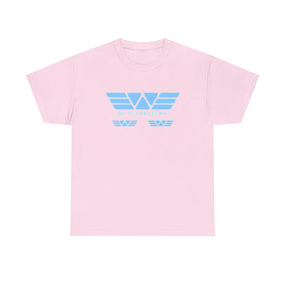 Weyland Corporation - Alien - Retro Logo Graphic Tee Unisex in soft pink, elegantly displaying the iconic blue logo, perfect for a chic casual ensemble.