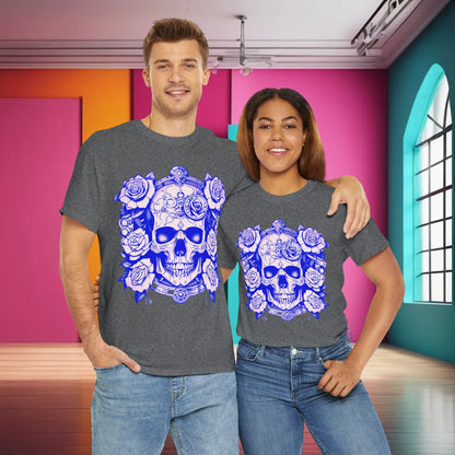 Casual couple wearing the Skulls and Roses Cotton Tee together, illustrating the unisex design and versatile styling options, perfect for fashion-forward individuals.
