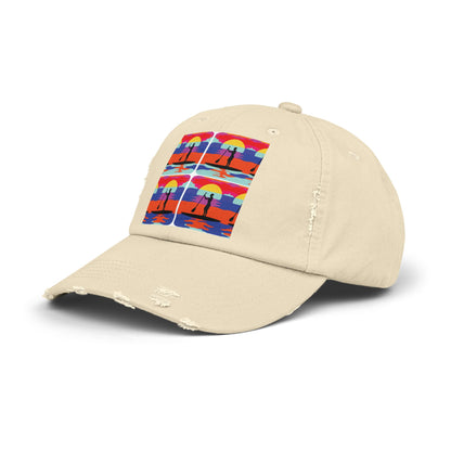 Unisex Distressed Paddleboarders Cap - Stylish Adventure Hat for Water Enthusiasts, presented in a beautiful beige tone featuring a colourful paddleboarding design.
