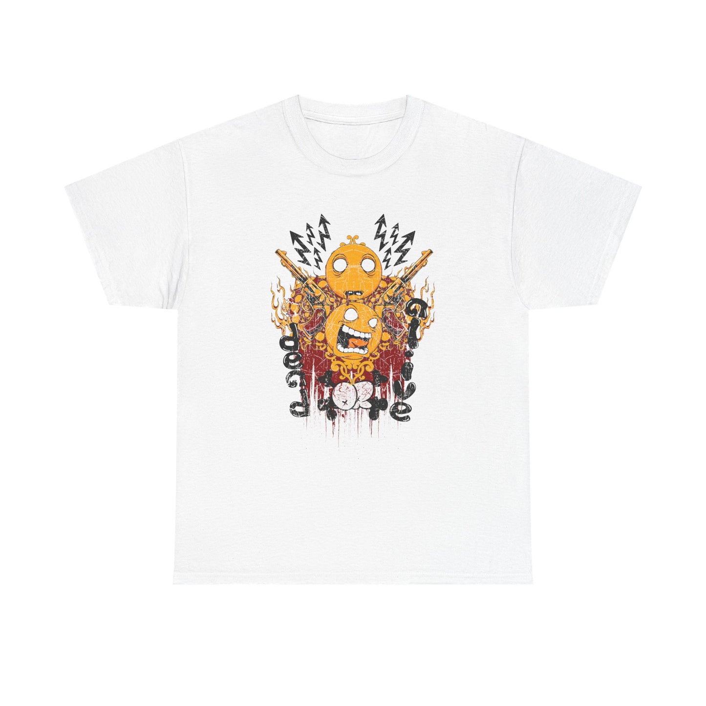 Luxury men's graphic t-shirt featuring a whimsical design with two dynamic emoji characters, surrounded by flames and dramatic elements, available in white.