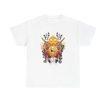Luxury men's graphic t-shirt featuring a whimsical design with two dynamic emoji characters, surrounded by flames and dramatic elements, available in white.