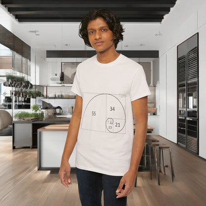 Fibonacci Spiral Space Tee displayed by a model in a chic modern kitchen, featuring an intricate graphic design of the Fibonacci spiral, embodying elegance and creativity.