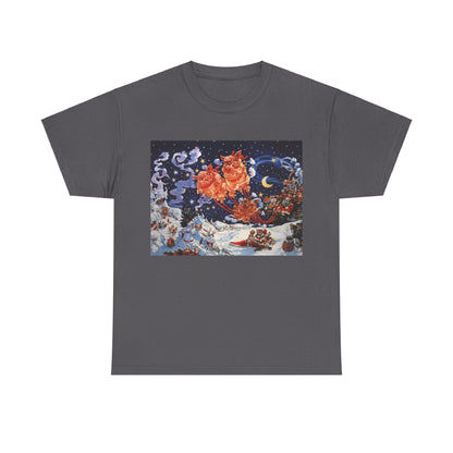 Discworld Hogfather Unisex Graphic Tee Shirt showcasing the charming cover artwork on a charcoal background, crafted from a high-quality cotton blend.