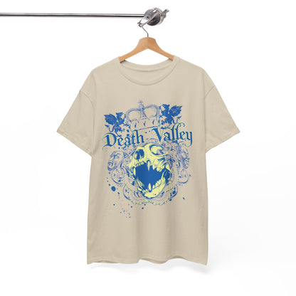 Death Valley T-Shirt styled on a wooden hanger, featuring a bold skull and crown design, a luxurious choice for fashion-forward individuals.
