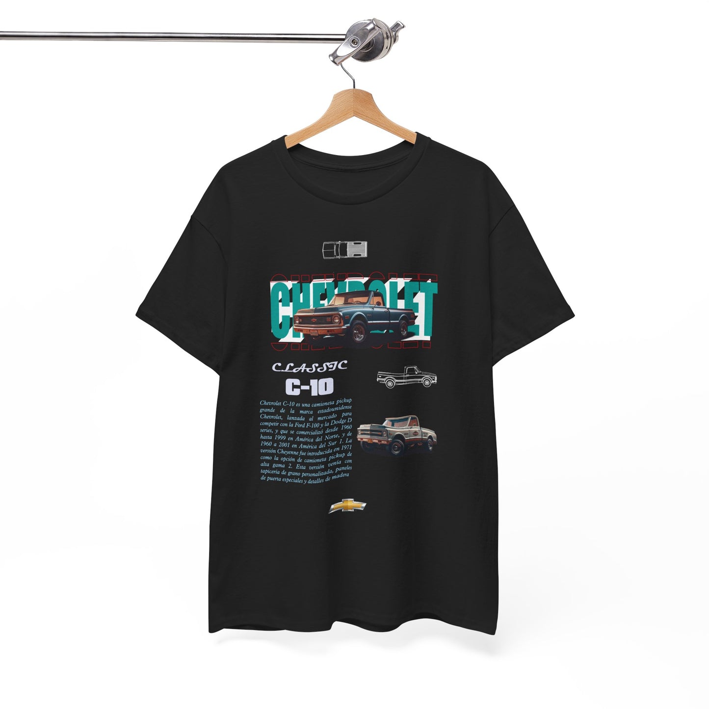 Stylishly displayed Chevrolet C-10 t-shirt, highlighting vintage inspired graphics against a sleek black background.