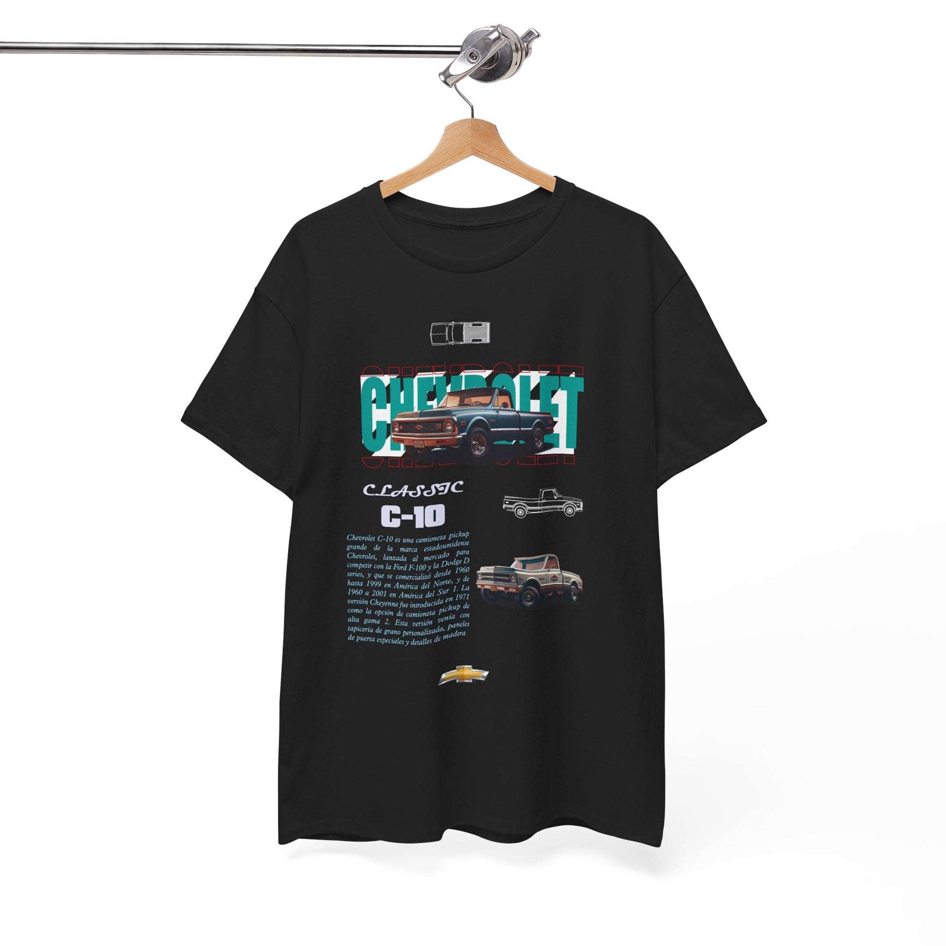 Stylishly displayed Chevrolet C-10 t-shirt, highlighting vintage inspired graphics against a sleek black background.