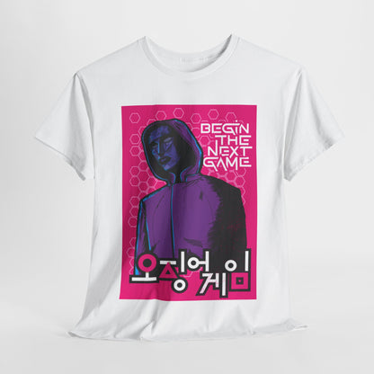Squid Game Unisex Men´s Women´s Graphic Cotton Funny T-Shirt featuring a striking design with the phrase 'BEGIN THE NEXT GAME', perfect for those who appreciate bold, stylish fashion.
