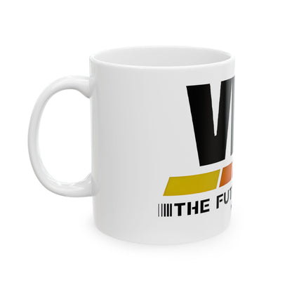 VHS Logo Retro Ceramic Mug - 12oz Premium Quality, showcasing an iconic design with nostalgic VHS logo for lovers of classic cinema and coffee.