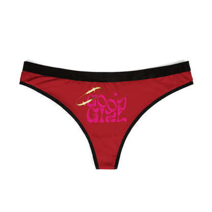Elegant red 'Good Girl' thong panties displayed flat, highlighting the distinctive pink logo and black trim, designed for comfort and allure in women's lingerie.