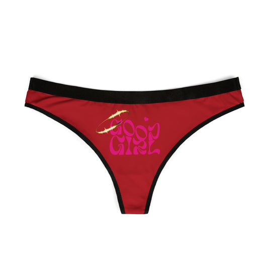 Elegant red 'Good Girl' thong panties displayed flat, highlighting the distinctive pink logo and black trim, designed for comfort and allure in women's lingerie.