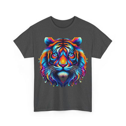 Front view of the vibrant unisex Tiger's Whimsy Graphic Tee featuring an intricate kaleidoscopic tiger design, perfect for art lovers.