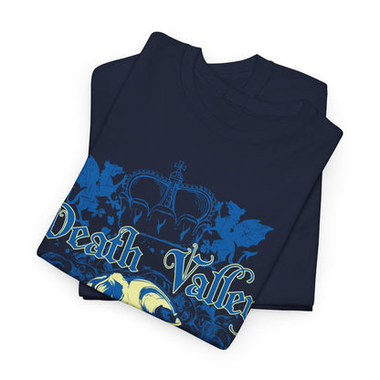 Stacked navy blue t-shirts showcasing a gothic 'Death Valley' design with a striking skull illustration and intricate crown motifs in deep blue and yellow tones.